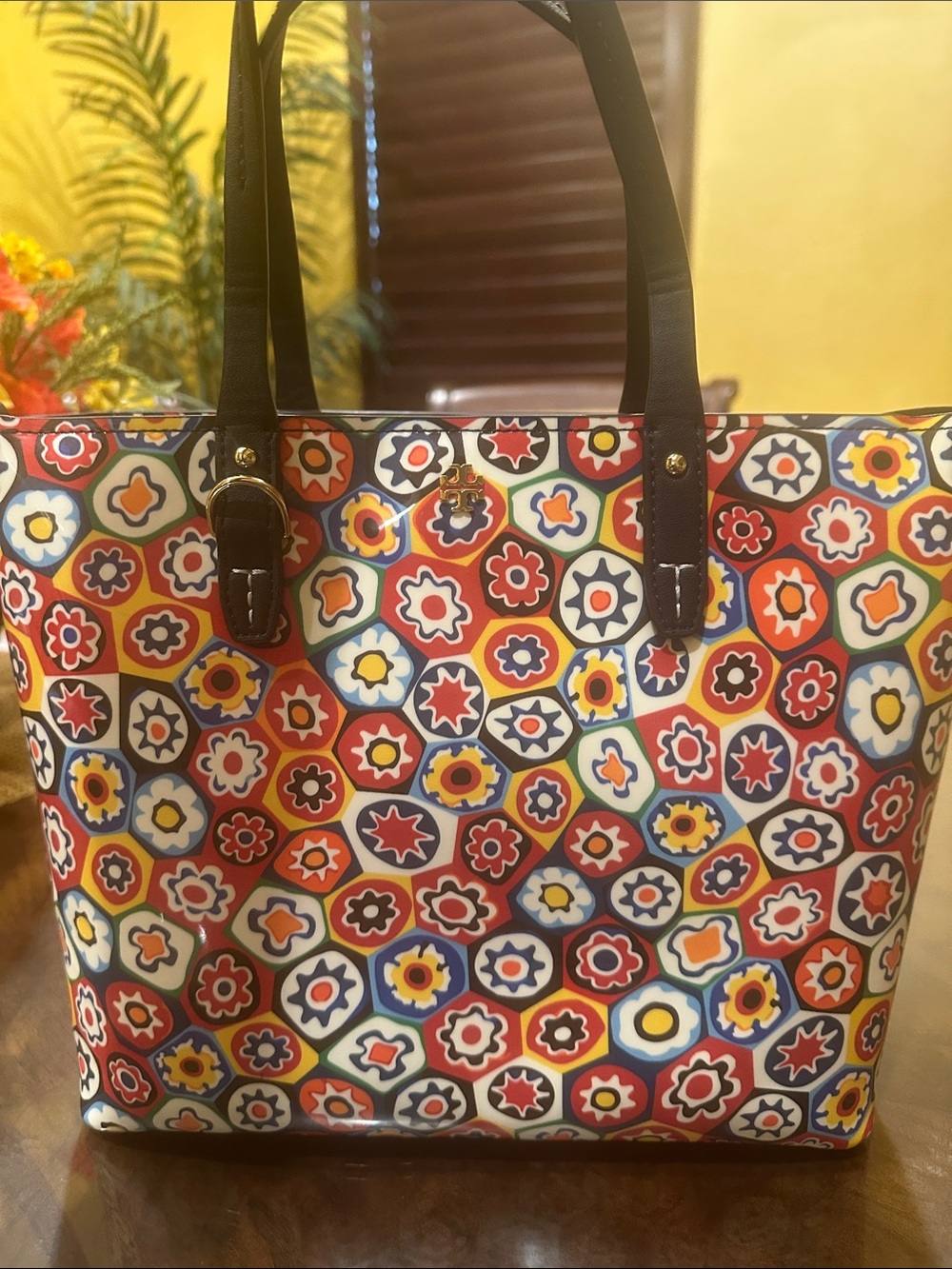 Tory Burch one of a kind Colorful Floral Print Tote Bag with leather  Handles